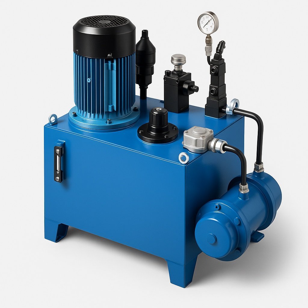 Hydraulic power pack engineering render showing motor, pump, oil reservoir tank and valve manifold by Desire Hydraulics