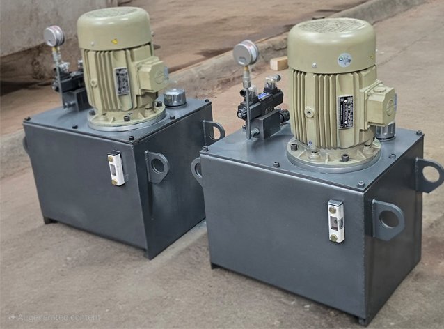 Twin hydraulic power pack units with pressure gauges on the factory floor at Desire Hydraulics, Pune