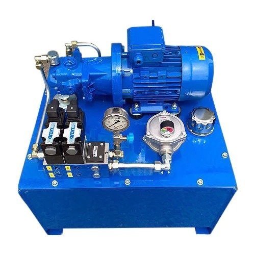 Stainless steel hydraulic power pack, 415 volts, with pressure gauge and safety label, manufactured by Desire Hydraulics